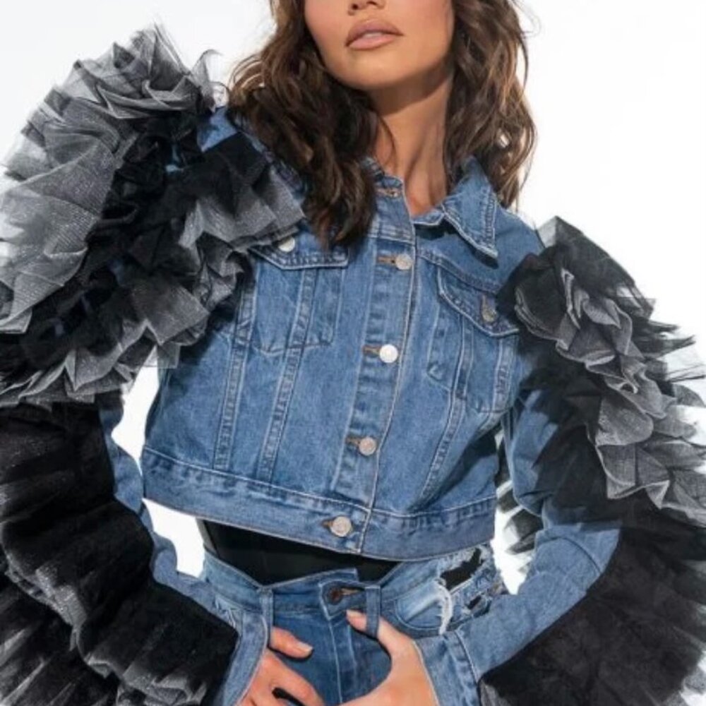 The AZALEA WANG Chicka Chicka Boom Boom Denim Rufflle Jacket Cropped Jean Jacket